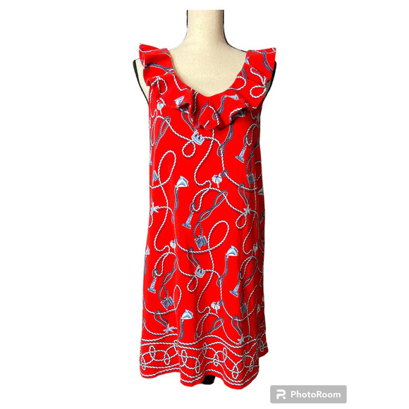 Crown & Ivy Mini Dress in Red w/Print of Rope Chains and Misc Objects Size Small - Picture 1 of 6